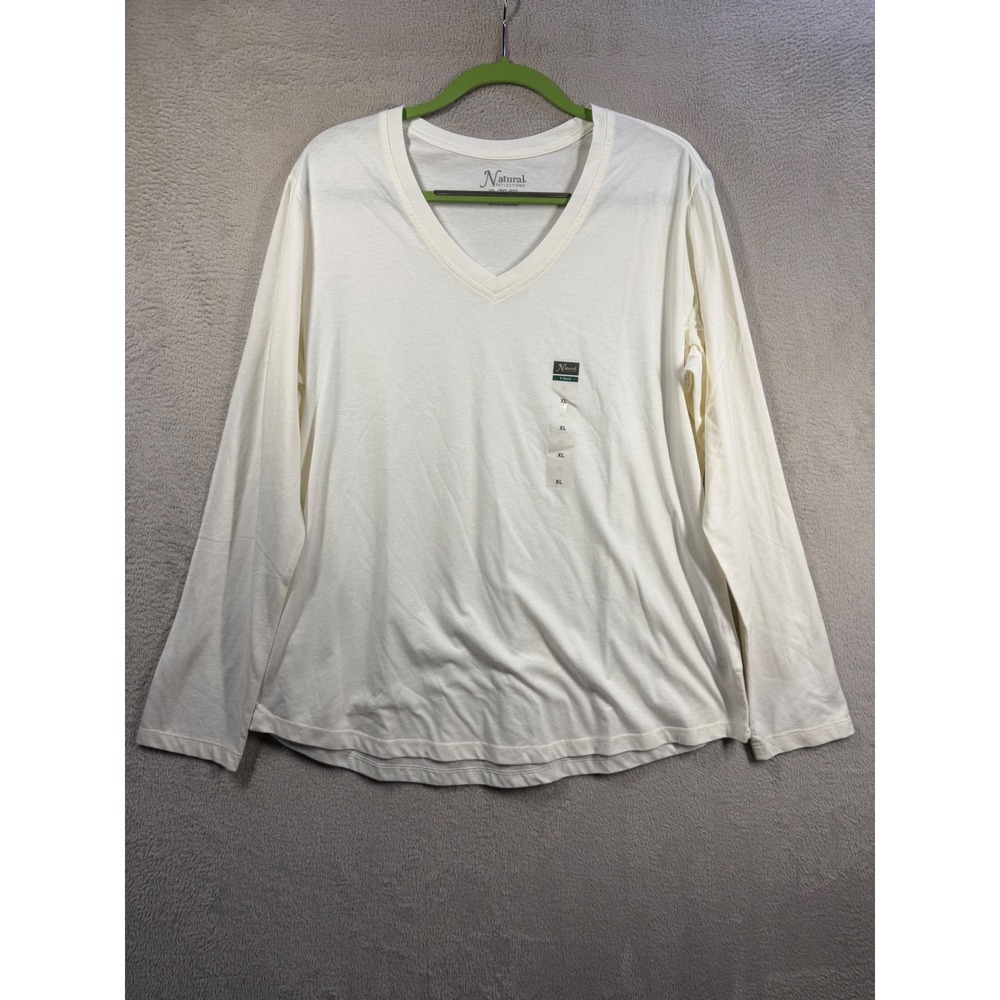 Natural Reflections V-Neck Top Women XL Cream Long Sleeve Jersey Knit Basic Tee